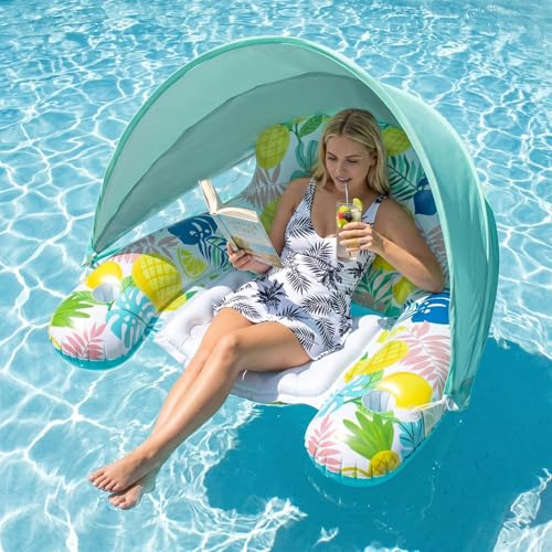 Schwimmring Erwachsene, Shyllin Schwimmreifen Erwachsene Mit Sonnendach, Schwimminsel, Luftmatratze Pool, Sofa Aufblasbar, Wasserhängematte, Tanning Pool, Strand, See-Lounge(Grün)