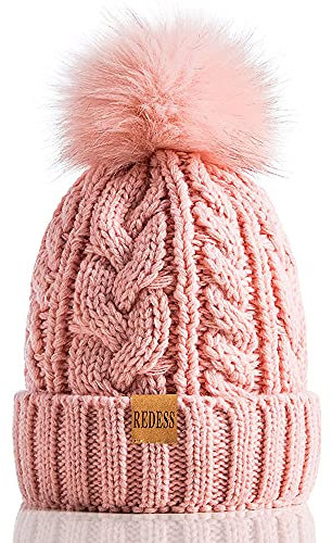 REDESS Damen Winter Bommel Beanie Mütze mit warmem Fleece gefüttert, Dicker Slouchy Snow Knit Skull Ski Cap