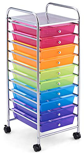 COSTWAY Rollwagen mit 10 stapelbaren Schubladen (Bunt) | Rollcontainer mit Metallgestell & abschließbaren Universalrollen, Badrollwagen Beistellwagen für Zuhause, Büro