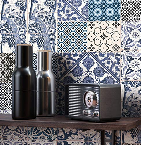 Newroom Vliestapete Blau Fliesenoptik Tapete Vintage Wohnzimmer | Patchwork floraler Ornamente, Pfauen und Sternmuster, mediterrane Mustertapete Landhausstil, ansatzfrei, Schlafzimmer Flur
