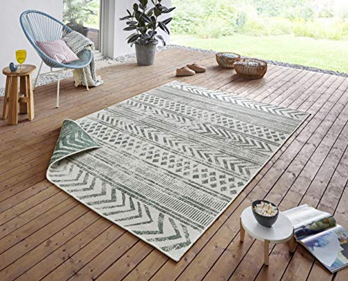 NORTHRUGS In- und Outdoor Teppich Biri 160x230cm - Wendeteppich Wetterfest Boho Style Vintage Design Läufer für Balkon Terrasse Garten Wintergarten Wohnzimmerteppich Wasserfest in Grün Creme