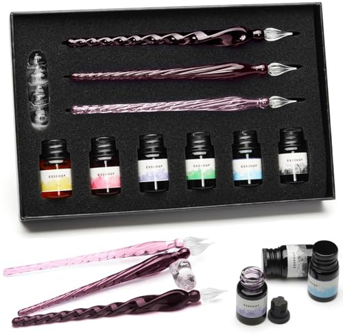 ESSSHOP Glass Pen Calligraphy Set - 3 Purple Crystal Dip Pens Color Ink and Pen Holder Art Supplies Kit for Signatures Beginners Journaling Lettering Drawing Holiday Gift Decoration