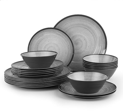 Joviton Home Juego de vajilla de plástico de melamina gris remolino de 24 piezas para 8, juegos de platos y cuencos (gris frío)