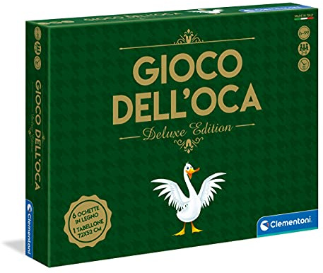 Clementoni - Il Gioco dell'Oca Deluxe, Giochi da Tavolo Classici, per Bambini 6+ Anni e Famiglia, 2-6 Giocatori, con Maxi Tabellone 72x52cm, 6 Ochette in Legno, Made in Italy, Lingua Italiana, 16632