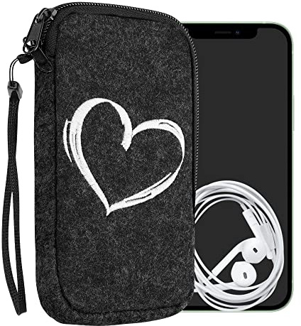kwmobile Handytasche für Smartphones XL - 6,7/6,8 - Handy Filztasche - Herz Brush Weiß Dunkelgrau - 17,2 x 8,4 cm Innenmaße