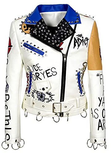 ZJX Bedruckter Punk, klassische Niete, Reißverschluss, Lederjacke, leger, personalisierter Motorradanzug, Weiß, Small