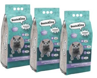 BentoKitty Katzenstreu (30L, 3er Pack) mit Lavendel Duft, Klumpend, weiß, feinkörnig, Klumpstreu aus Bentonite, für Sensitive Katzenpfoten geeignet