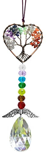 Heilkristall-Dekor Baum des Lebens Auto-Hängezubehör Sonnenfänger mit Flügeln,7 Chakren Fenster-Hänge-Dekor Meditations-Ornamente Heimdekoration (Herzform)