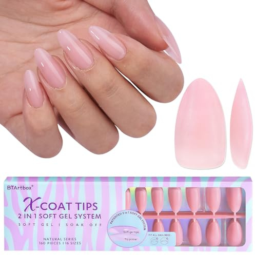 BTArtbox XCOATTIPS Natural Nail Tips - Matte Medium Almond Press On Nails Pink, Long Lasting Soft Gel Nails False Nail, Soak Off Acrylic Fake Nails Extensions for Nail Art DIY Women