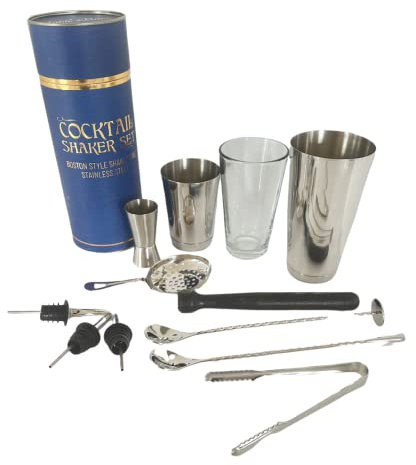 12 Piece Essential Stainless Steel Bartender Cocktail Boston Style Shaker Gift set, Professional Bar Tools for Drink Mixing, Home, Bar, Party (Stainless Steel)