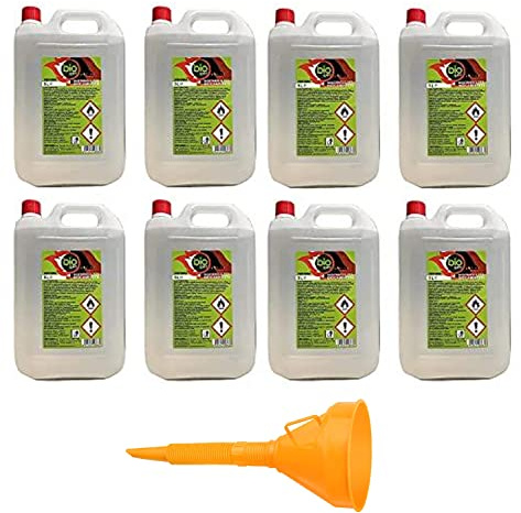 8 unidades - 40 litros - Bioetanol combustible estufas Bio Sprint 5 litros 99,9% inodoro sin humo natural sin azufre + embudo de 145 mm