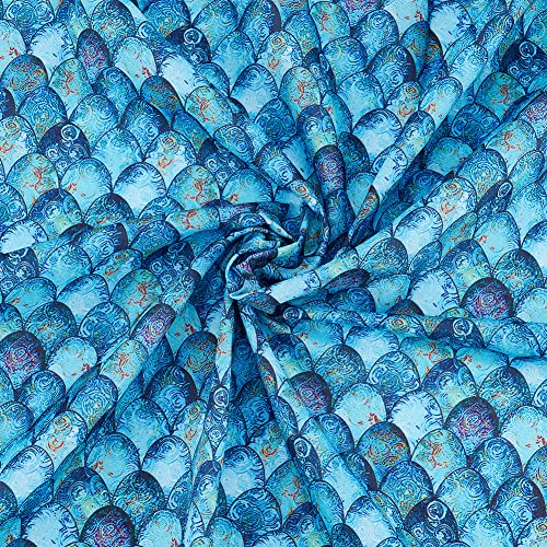FINGERINSPIRE Stoff Meerjungfrauenschuppen Baumwollstoff 100x145cm Tiefseeblauer Polyesterstoff Mit Meerjungfrauen Bedrucktes Fischschuppenmuster, Stoff Für T Shirt Kleid Nähen Handwerk Tischdecke