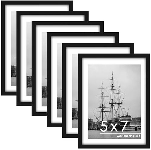 PEALSN 5x7 Picture Frame Set of 6, Display Pictures 4 x 6 with Mat or 5 x 7 without Mat for Wall Mounting or Table Top Display, Photo Frames Collage for Wall Decor, Black.