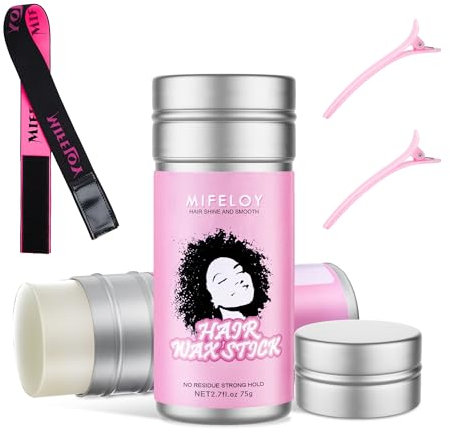 75g Hair Wax Stick, Pomade Tamer for Smoothing Flyaways Edge Control Taming Frizz Hair, Styling Cream Gel, Women Slick Back Glue, Bed Head Waxes Stick, Elastic Wig Band, Duckbill Clips - Pink