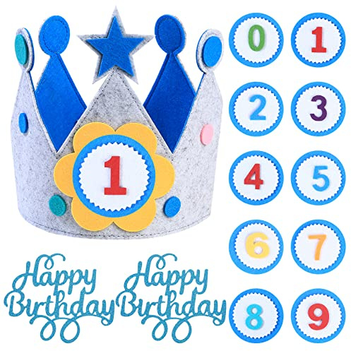 HexinYigjly Children's birthday crowns, changeable numbers 0-9, 3D stickers, fabric crown gifts for boys and girls, party decorations (blue)