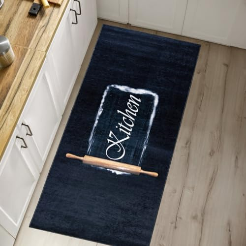 Mazovia Küchenteppich 80 x 200 cm Küchenläufer Waschbar bei 30°C - rutschfest, Tierfreundlich und Pflegeleicht - Kurzflor Teppich Läufer für Küche Kitchen Marineblau Blau
