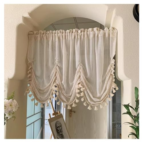 Scheibengardine, Shabby-Chic Bistrogardine mit Quaste, Römischer Rollo im Amerikanischen Landhausstil, Kurzstore für Schlafzimmer Esszimmer Wohnzimmer Küche