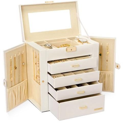 Seelux Schmuckkoffer Schmuckkasten mit fünf Fächern und Seitenklappen Schmuckkästchen Abschließbar für Armbänder, Ohrringe, Ringe, Halsketten(Weiß + Gold)