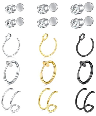 VF VFUN Fake Nasenring Fake Nasenpiercing Falsche Nasenstecker Faux Nose Ring Fake Ohr Helix Cartilage Lippe Piercing Ring 15Stück Silber Gold Schwarz