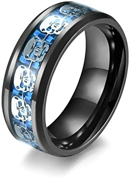 Lieson Trauringe Männer Edelstahl, Totenkopf 8MM Kohlefaser Verlobungsringe Freundschaftsringe Eheringe Hochzeitsringe Partnerringe für Herren Schmuck Geschenke