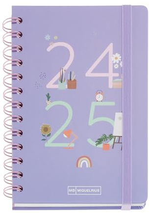Miquelrius skolkalender 24–25, september 2024–augusti 2025, storlek 125,5 x 178 mm, dagsida, dubbel metallisk spiral, fodrad kartong, gummistängning, spanska och engelska, min plats