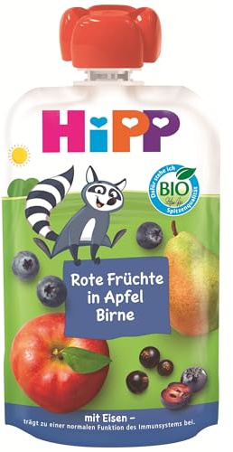 HiPP Bio Quetschie Frucht Plus Rote Früchte in Apfel Birne plus Eisen - Willi Waschbär (8 x 100g), ab 1 Jahr, 100% Fruchtpüree, ohne Zuckerzusatz, vegan, in bester Bio-Qualität