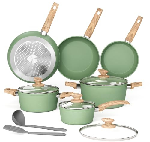 Kitchen Academy Topfset & Pfannenset Induktion 12-Teilig Sage Grün | Granit Antihaft Kochgeschirr mit Glasdeckeln (3 Kochtöpfe, 2 Bratpfannen, 1 Schmorpfanne), PFOA-Frei Cookware Set