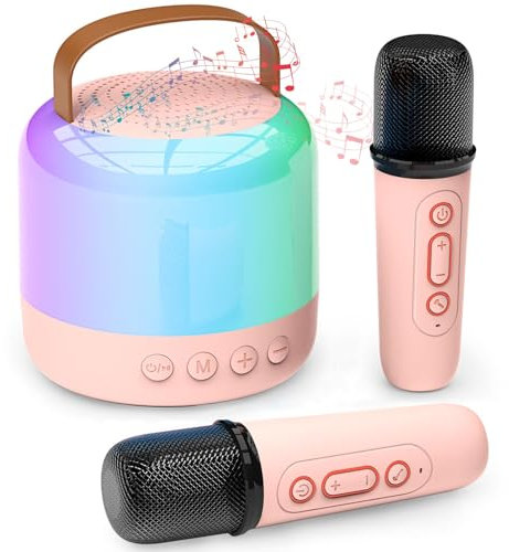 Euakee Karaoke Bambini, Macchina Karaoke per Bambini con 2 Microfoni Senza Fili Cassa Karaoke Bluetooth Portatile Luci LED Effetto di Cambio Voce Regalo per Ragazza Bambini da 3 4 5 6 7 8 9 a 18 Anni