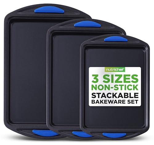 NutriChef 3-Piece Nonstick Cookie Sheet Tray Set - Baking Pans with Blue Silicone Handles, Stackable Design, Easy to Clean, Small, Medium, Large Carbon Steel Cookie Pans, Oven Safe to 446°F