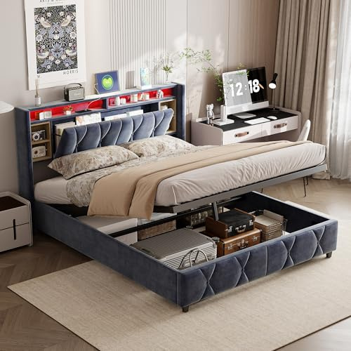 VixorLuilith Polsterbett Doppelbett 140x200 cm, Hydraulisch Stauraumbett, Funktionsbett mit Stauraum & Lattenrost, Kopfteil mit LED-Beleuchtung & USB-Ladefunktion & Ablagefächern, Samt, Grau