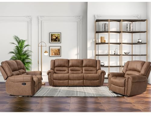 CANMOV Faux Leather Manual Recliner Sofa Set, Manual Recliner Chair, Reclining Loveseat and 3-Seat Sofa for Living Room,Bedroom Furniture, Office,Nut Brown