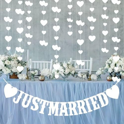 Weiß JUST Married Girlande mit 4 Stück 4m Hängenden Papier Deko, Hochzeitsgirlande Banner mit Herz, für Verlobung Hochzeit Brautdusche Valentinstag