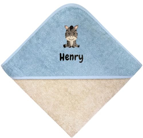 Wolimbo Kapuzenhandtuch personalisiert mit Namen und Motiv - Greige stahlblau - 80x80cm - für Baby und Kinder Babyhandtuch/Kinderhandtuch/Badetuch