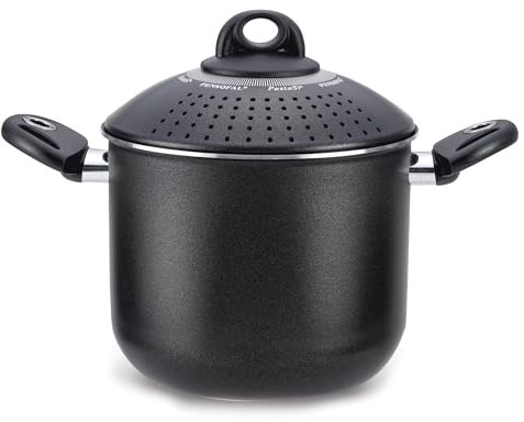 Pensofal Pentola PastaSì Single BioStone con coperchio colapasta 2 manici rivestimento effetto Pietra in alluminio antiaderente da induzione diametro 18 cm 3 litri