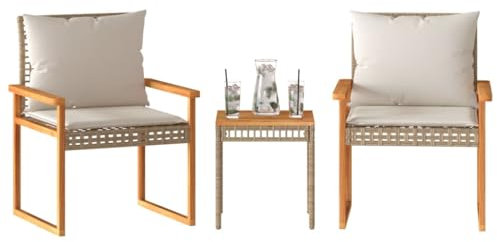 Juroupi 3-TLG. Bistro-Set mit Kissen Gartenset Tisch Und StüHle Bistrotisch Outdoor Balkon MöBel Set Beige Poly Rattan Akazienholz