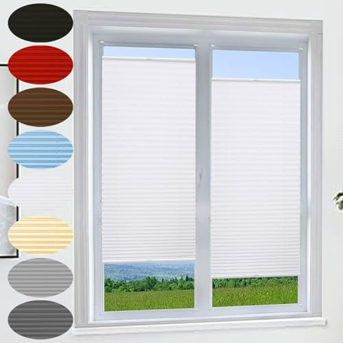 Plissee Ohne Bohren Verdunkelung 25 x 200 cm Verdunklungsplissee Uv-Schutz Plissee Verdunkelung, Sonnenschutzrollo mit Klemmträger Easyfix für Fenster Und Tür, Weiß