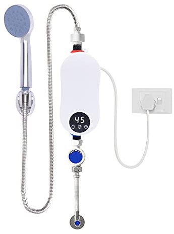 Soudesileim 5500W Scaldabagno Elettrico Mini Istantaneo, Scaldaacqua Elettrico Con Soffione E Protezione Antiperdita, Display LED, Regolazione Intelligente Della Temperatura (Per Bagno)