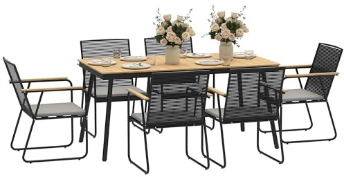 Outsunny Sitzgruppe 7-teilig Metall Essgruppe für 6 Personen Esstisch mit Tisch 6 Stühlen Esszimmergruppe Küchentisch-Set mit Metallgestell Balkonmöbel Gartenmöbel für Terrasse, Balkon Naturholz