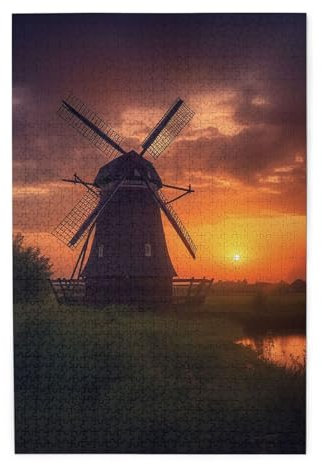 1000 Piece Jigsaw Puzzle for Adults Challenging Puzzles for Game Nights Sunset Windmill Wooden Puzzles Personalized Custom Wood Picture Puzzle for Family Finished Size 19.7x29.5