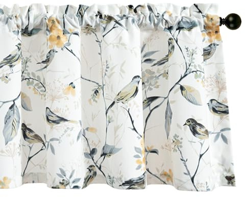 VOGOL Grey Bird Kitchen Valance 52×14 Inch, Farmhouse Floral Short Cafe Curtains, Country Rod Pocket Linen Look Easy Care Window Treatment for Bedroom, 1 Panel
