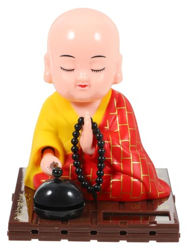 Garneck Solar Powered Shaking Head Buddhist Monk Figurine Decorative Ornament for Car Dashboard Home and Office Nodding Monk Statue Wooden Fish Knock Feature