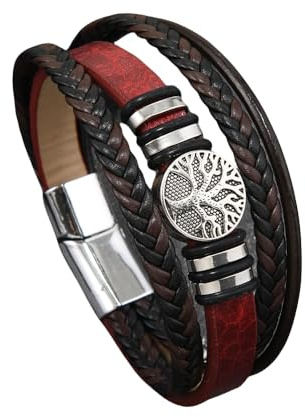 HUIANGLIYG Bracelet Homme,Bracelet en Cuir Tressé Arbre de Vie pour Homme, Multicouche, Tissé À La Main, avec Fermoir, Style Vintage Viking, pour La Fête des Pères, Rouge Foncé, 23 Cm