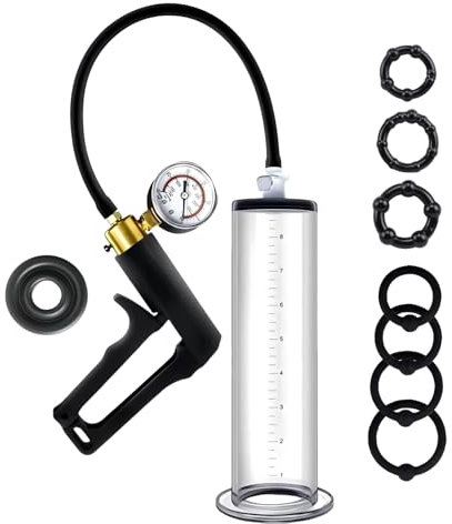 Pompa Pene Manuale Sex Toy per Uomo con Impugnatura in Nylon e Manometro Estensore Pene con 7 Anelli Penis Pump Vuoto per Erezione Maschile (5.7cm)