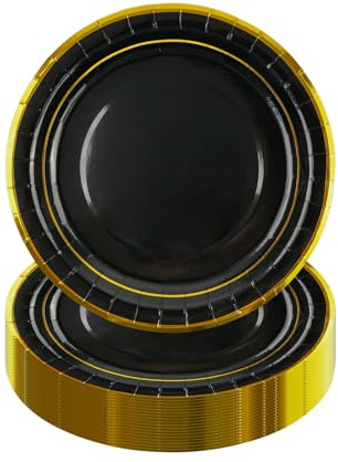 HiEnjoin 50 Stück Schwarz Partyteller,18cm Goldfolie Einwegteller Pappteller für Geburtstag Einweg Dessertteller oder Jubiläen, Geburtstage, Hochzeitsfeiern