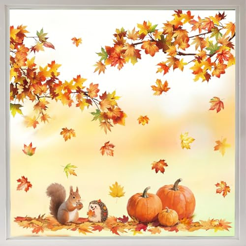 8 Sheets Autumn Window Stickers Maple Leaf Pumpkin Window Clings Double Sided Squirrel Hedgehog Thanksgiving Fall Party Home Decorations