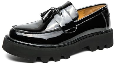 EsaSam Herren-Penny-Loafer Mit Dicker Sohle Lackleder Klassisch Runde Zehenpartie Klobiger Absatz Slip-On Business Freizeit Formelle Arbeitsschuhe,Schwarz,43 EU