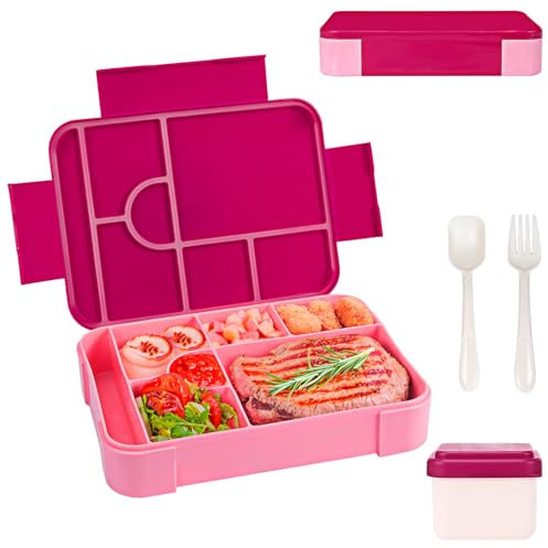 Zyluniy Lunch Box, Porta Pranzo con Posate, 1330ml Bambino Adulto Bento Box con 6 Scomparti, Schiscetta Contenitore Pranzo per Microonde Lavoro Picnic Ufficio, Rosa