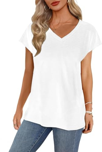 DOINEUFL Camiseta de Verano para Mujer, Cuello de Pico, Holgada, básica, Elegante, Monocolor, Camiseta para Mujer, para Oficina y Ocio, Blanco, L