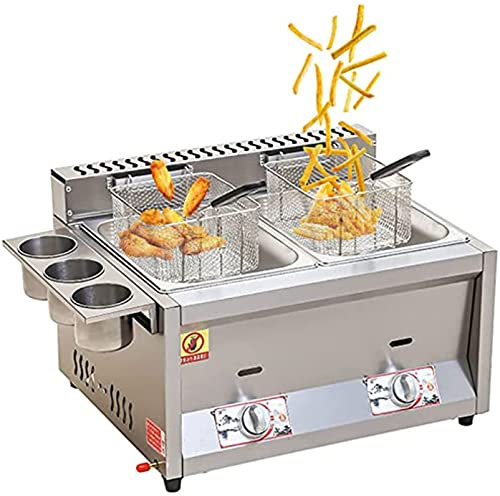 Stainless Steel Deep Fat Fryer - 16L Twin Tank LPG Fryer with Freestanding Temperature Control & Lid for Catering, Takeaway, Restaurant, Café