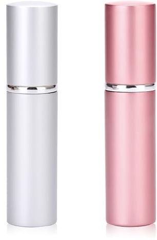 QYHON 2pcs Parfümzerstäuber 5ml nachfüllbar, Parfum Zerstäuber für unterwegs, Parfüm Abfüller Sprühflasche klein mit Bodenpumpe, auslaufsicheres Luxus-Design, für Damen & Herren (Silber, Rosa)